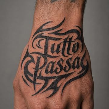 Tatuaje en el dorso de la mano con la frase “Tutto Passa” en tinta negra