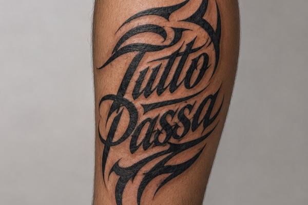 Tatuaje grande en la pantorrilla que dice Tutto Passa en cursiva negra