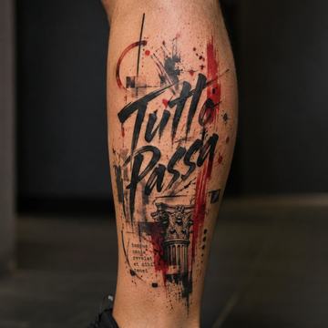 Tatuaje en la pantorrilla con la frase “Tutto Passa” en letras negras grandes
