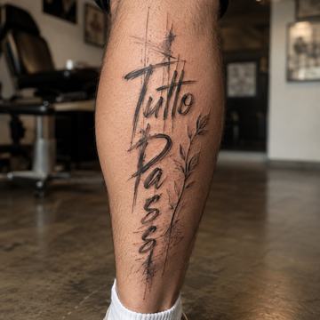 Pantorrilla con tatuaje grande en negro que dice “Tutto Passa”
