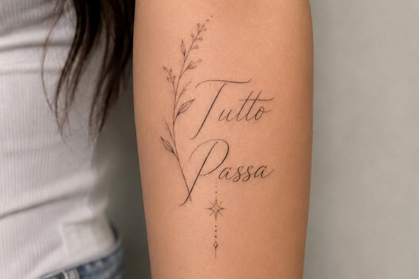 Tatuaje “Tutto Passa” en el interior del antebrazo